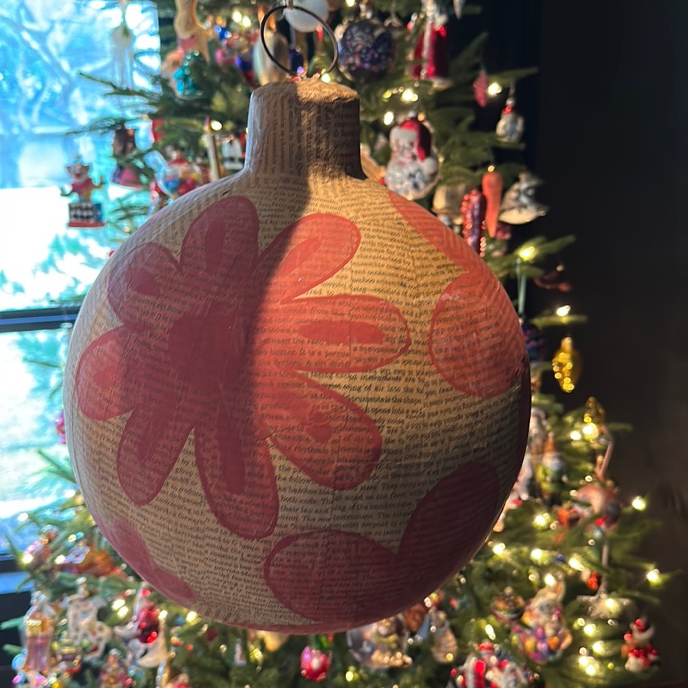 11" Round Paper Mache Newsprint Ball Ornament with Hand-Painted Pink Flowers